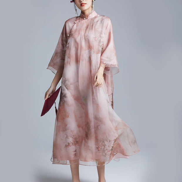 Buddha Stones 100% Mulberry Silk Organza Dress Flowers Print Qipao Cheongsam Dress