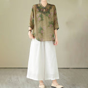 Buddha Stones Light Green Rose Flower Embroidery Design Three Quarter Sleeve Ramie Linen Shirt Women's Shirts BS 7