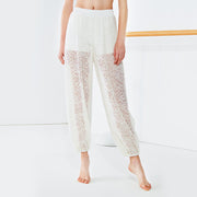 Buddha Stones Cashew Flowers Pattern Loose Harem Trousers Women's Yoga Pants With Side Split Harem Pants BS White XL(Waist 75cm/Hips 110cm/Length 97cm)