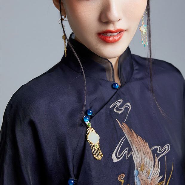 Buddha Stones 100% Mulberry Silk Organza Phoenix Embroidery Qipao Cheongsam Dress