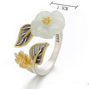 Buddha Stones 925 Silver Plated Copper White Jade Plum Flower Leaf Luck Ring Rings BS 11