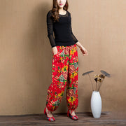 Buddha Stones Ethnic Style Red Green Flowers Print Harem Pants With Pockets