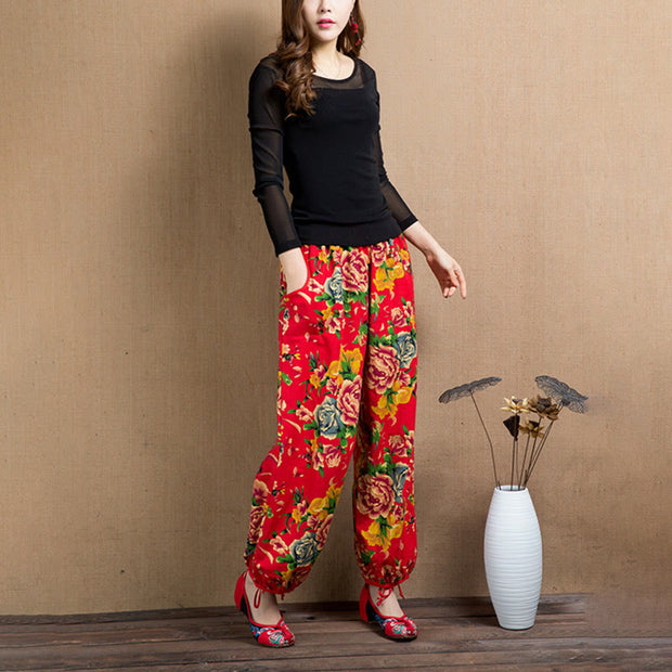 Buddha Stones Ethnic Style Red Green Flowers Print Harem Pants With Pockets Women's Harem Pants BS 8