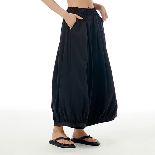 Buddha Stones Solid Color Loose Elastic Waist Wide Leg Pants With Pockets 18