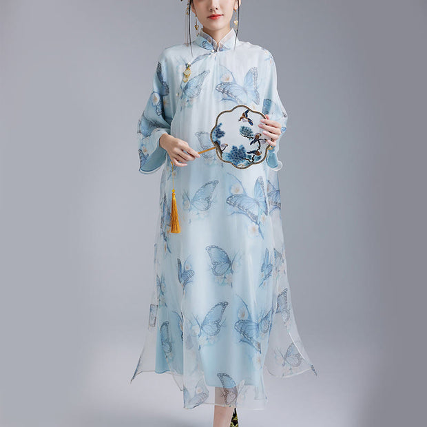 Buddha Stones 100% Mulberry Silk Organza Blue Butterfly Print Qipao Cheongsam Dress