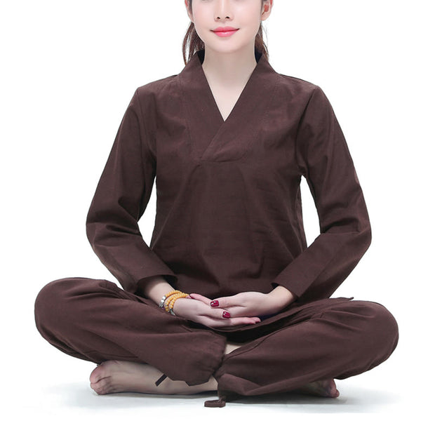 Buddha Stones Zen Practice Yoga Meditation Prayer V-neck Design Uniform Cotton Linen Clothing Women's Set Clothes BS Brown XXL