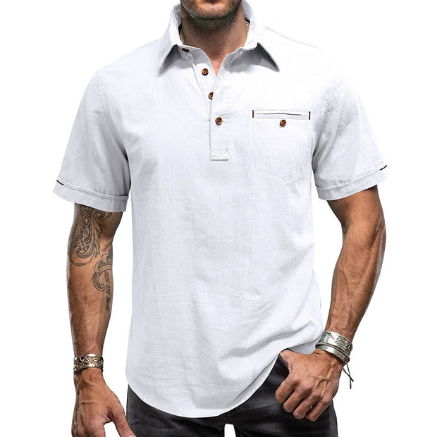 Buddha Stones Men's Solid Color Button Short Sleeve Cotton Linen Polo Shirt