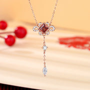 Buddha Stones 925 Sterling Silver Chinese Knotting Red Zircon Wealth Necklace Pendant Bracelet Earrings Set Bracelet Necklaces & Pendants BS Necklace