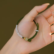 Buddha Stones 925 Sterling Silver Hetian Jade Bead Luck Braided Rope Bracelet 7
