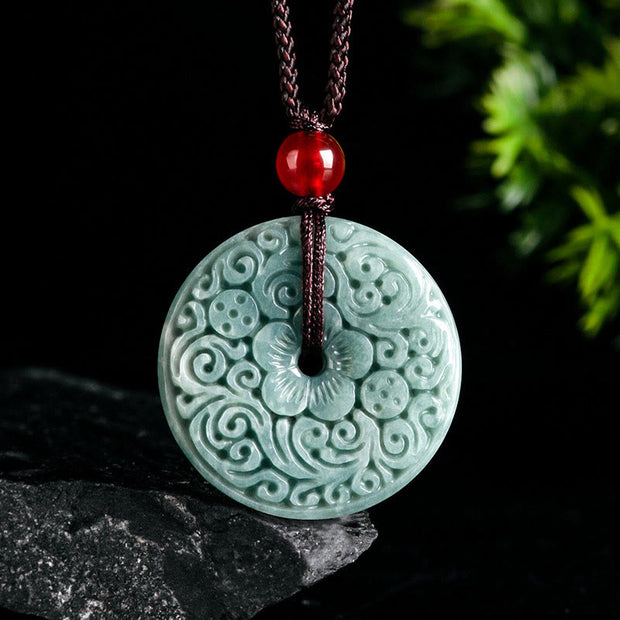 Buddha Stones Green Jade Flower Carved Peace Buckle Abundance Necklace Pendant