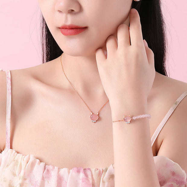 Buddha Stones 925 Sterling Silver Year of the Dragon Natural Pink Crystal Hetian Jade Dragon Luck Bracelet Necklace Pendant Earrings Bracelet Necklaces & Pendants BS 7