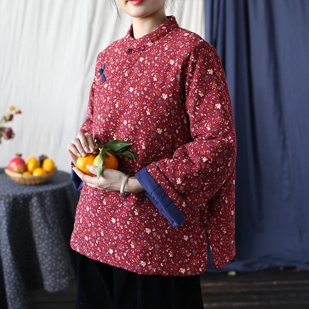 Buddha Stones Flowers Cotton Linen Jacket Shirt Chinese Northeast Style Winter Clothing 82