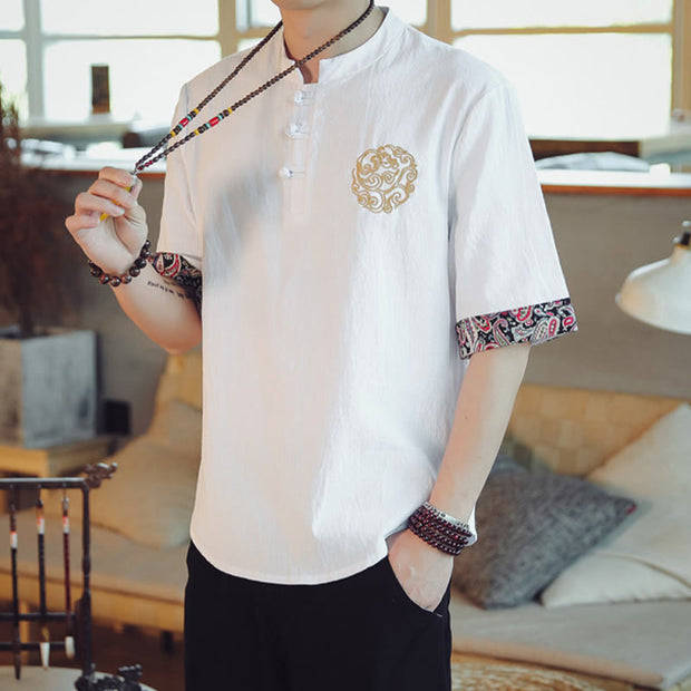 Buddha Stones Frog-Button Dragon Embroidery Chinese Tang Suit Short Sleeve Shirt Linen Men Clothing