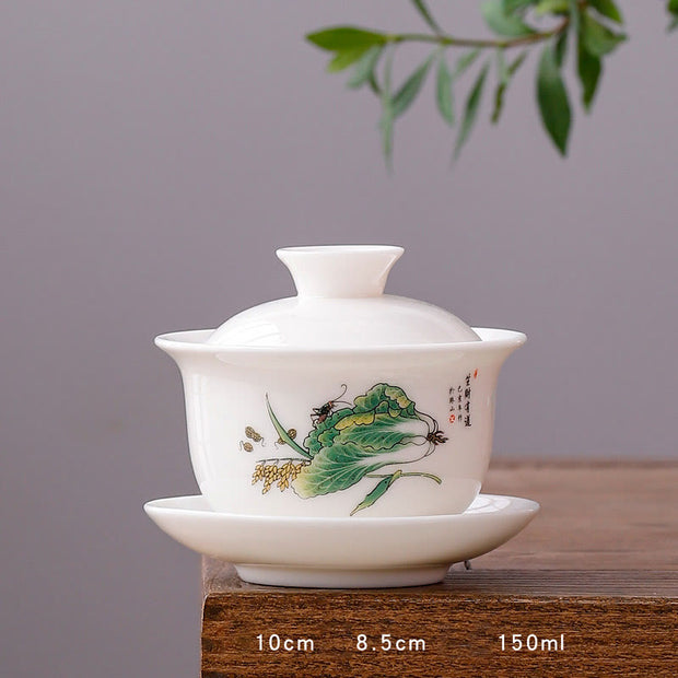 Buddha Stones White Porcelain Mountain Landscape Countryside Ceramic Gaiwan Teacup Kung Fu Tea Cup And Saucer With Lid Cup BS Round Cup-Fruits and Vegetables (8.5cm*10cm*150ml)