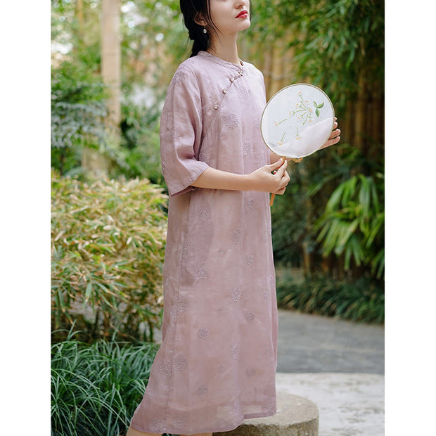 Buddha Stones Dandelion Flower Embroidery Half Sleeve Ramie Linen Chinese Cheongsam Midi Dress With Pockets