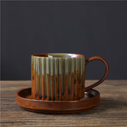 Buddha Stones Retro Striped Kiln Change Ceramic Coffee Mug Rough Pottery Tea Coffee Cup With Saucer 250ml
