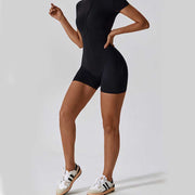 Buddha Stones High Stretch Zipper Short Sleeve Jumpsuit Sports Fitness Yoga Women Bodysuit