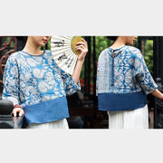Buddha Stones Blue Flowers Three Quarter Sleeve Top Casual Tee T-shirt 13