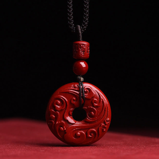 Buddha Stones Natural Cinnabar Lotus Peace Buckle Blessing Necklace String Pendant