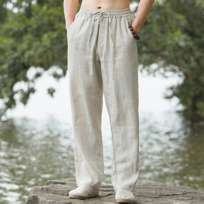 Buddha Stones Solid Color Linen Men's Wide Leg Pants With Pockets