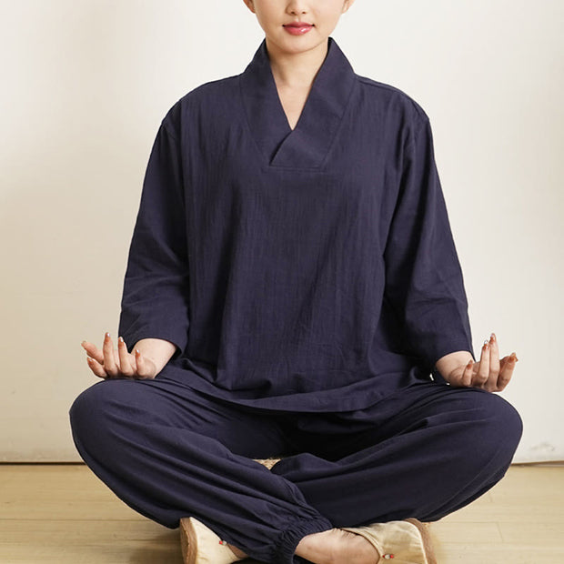 Buddha Stones 2Pcs V-Neck Three Quarter Sleeve Shirt Top Pants Meditation Zen Tai Chi Cotton Linen Clothing Women's Set 6