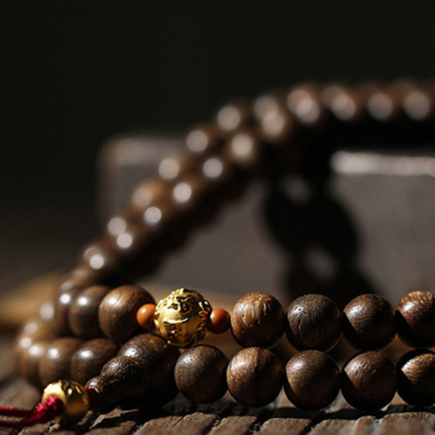 Buddha Stones 999 Gold 108 Mala Beads Kalimantan Agarwood Cyan Jade Six True Words Strength Bracelet