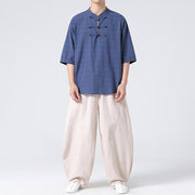 Buddha Stones Frog-Button Plaid Pattern Chinese Tang Suit Half Sleeve Shirt Cotton Linen Men Clothing Men's Shirts BS 10
