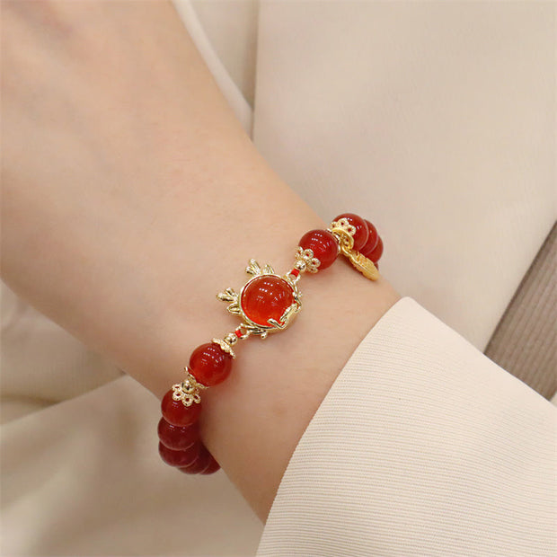 Buddha Stones Year of the Dragon Red Agate Jade Peace Buckle Fu Character Success Bracelet Bracelet BS 8