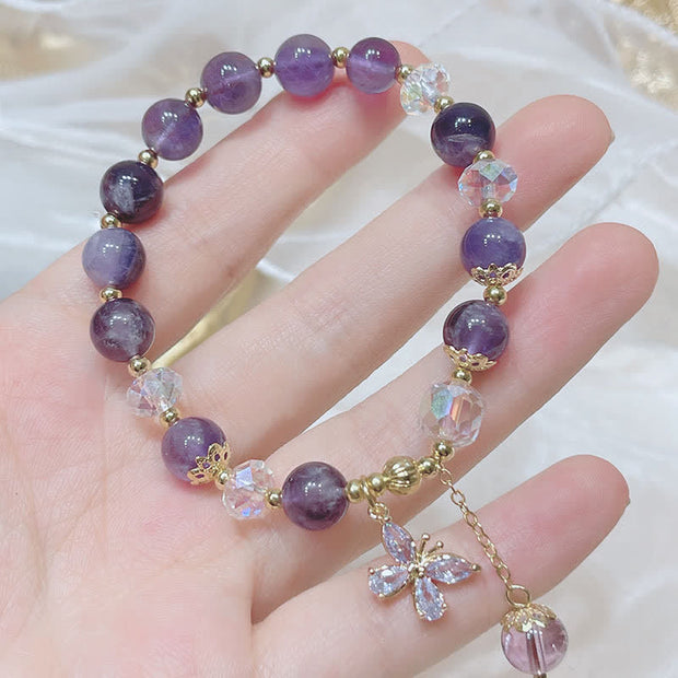 Buddha Stones Natural Amethyst Crystal Spiritual Butterfly Charm Bracelet