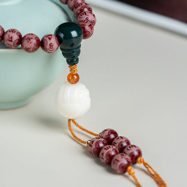 Buddha Stones Red Bodhi Seed Om Mani Padme Hum Lotus Engraved Harmony Bracelet Mala Bracelet BS 4