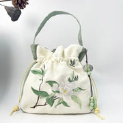 Buddha Stones Embroidered Butterfly Lotus Magnolia Cotton Linen Tote Crossbody Bag Shoulder Bag Handbag Crossbody Bag BS Green Gardenia 20*20*7cm
