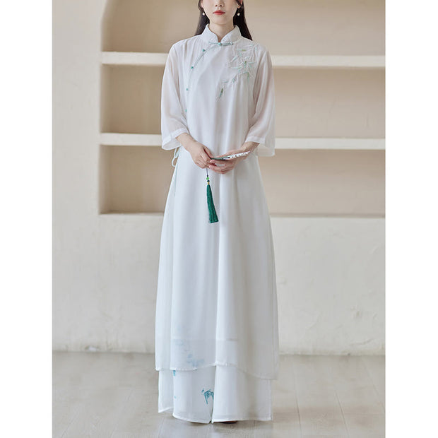 Buddha Stones Bamboo Cheongsam Dress Midi Dress Wide Leg Pants Meditation Spiritual Zen Practice Clothing