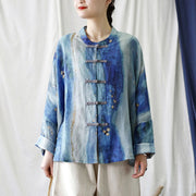 Buddha Stones Blue White Beige Small Flower Frog-button Design Long Sleeve Ramie Linen Jacket Shirt