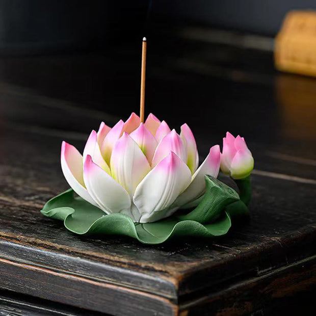 Buddha Stones Lotus Flower Leaf Pod Spiritual Healing Ceramic Stick Incense Burner Decoration Incense Burner BS 4