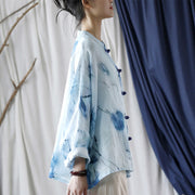 Buddha Stones Tie Dye Blue Flowers Frog-Button Design Long Sleeve Ramie Linen Jacket Shirt 5