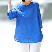 Buddha Stones Ramie Linen Loose Double Layer Blouse Three Quarter Sleeve Shirt Frog-Button Top