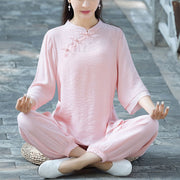 Buddha Stones 2Pcs Plain Design Top Pants Meditation Yoga Zen Tai Chi Cotton Linen Clothing Women's Set Clothes BS Pink Chinese Frog Button(Top&Pants) 2XL(Suitable for Weight 65-72.5kg)