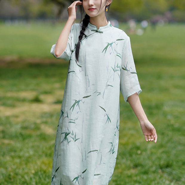 Buddha Stones Bamboo Leaf Half Sleeve Ramie Linen Chinese Cheongsam Midi Dress