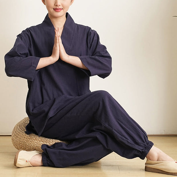 Buddha Stones 2Pcs V-Neck Three Quarter Sleeve Shirt Top Pants Meditation Zen Tai Chi Cotton Linen Clothing Women's Set