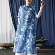 Buddha Stones Ramie Linen Blue White Flowers Branches Cheongsam Dresses Short Sleeve Dress 6