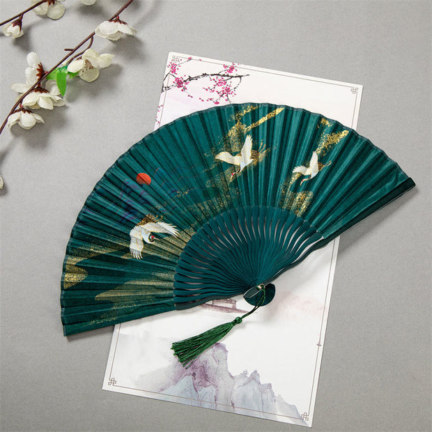 Buddha Stones Flying White Crane Sun Cloud Handheld Silk Bamboo Folding Fan 22cm 5