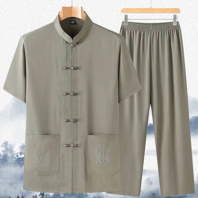 Buddha Stones Good Luck Character Tang Suit Hanfu Traditional Uniform Short Sleeve Top Pants Clothing Men's Set 1
