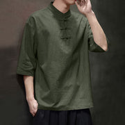 Buddha Stones Men's Chinese Frog-Button Tang Suit Half Sleeve Cotton Linen Shirt