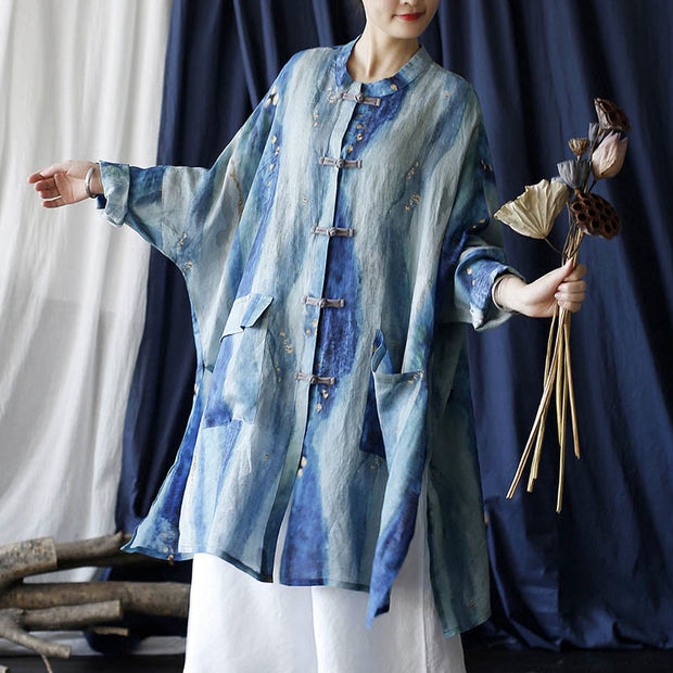 Buddha Stones Blue White Beige Small Flower Frog-button Design Long Sleeve Ramie Linen Jacket Shirt With Pockets