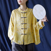 Buddha Stones Yellow Phoenix Print Frog-button Design Long Sleeve Ramie Linen Jacket Shirt
