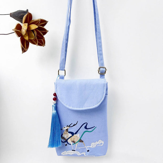Buddha Stones Small Embroidered Flowers Crossbody Bag Shoulder Bag Double Layer Cellphone Bag Crossbody Bag BS Blue Fairy Deer Stepping On The Clouds 13.5*19.5*2.5cm