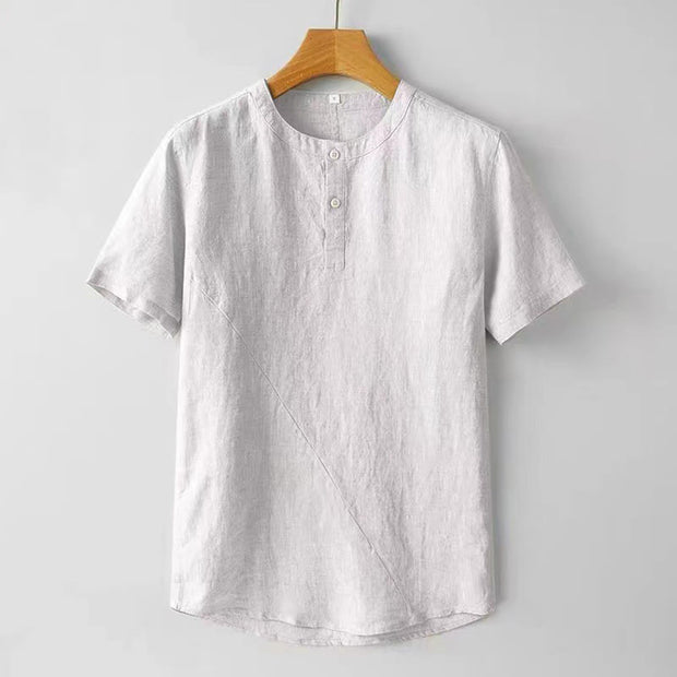 Buddha Stones Summer Men's Solid Color Button Short Sleeve Linen Shirt