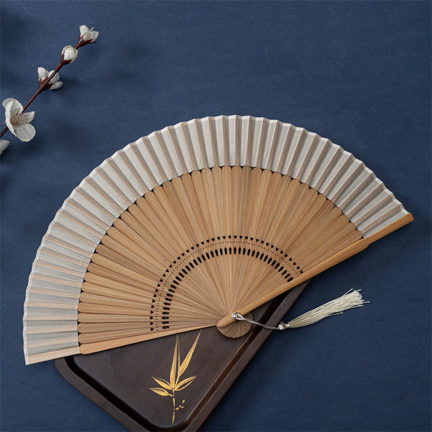 Buddha Stones Solid Color Handheld Silk Bamboo Folding Fan 21cm 2