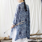 Buddha Stones Blue Flowers Butterfly Frog-Button Long Sleeve Ramie Linen Jacket Shirt With Pockets