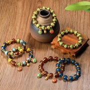 Buddha Stones Gold Swallowing Beast Family Charm Liuli Glass Bead Fortune Bracelet - image 0